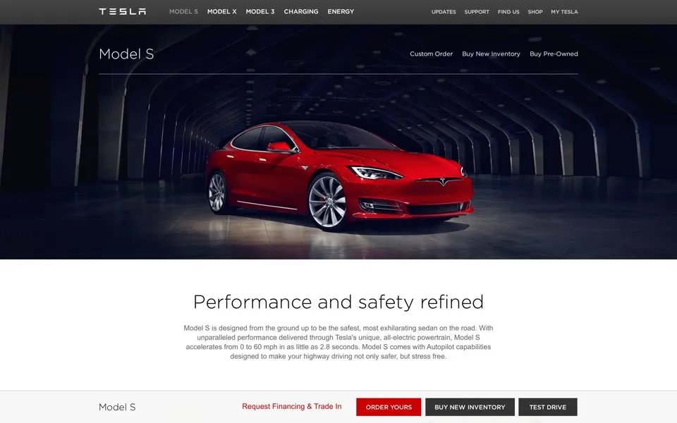 Tesla Model S page, July 2016: a red Model S in a tunnel