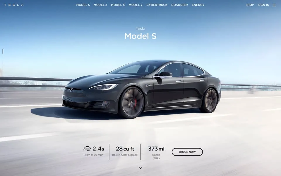 Tesla Model S page, January 2020: 0-60 mph in 2.4 s, 28 cu ft of storage, 373 mi EPA range