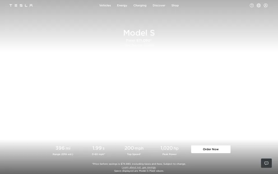 Tesla Model S page, January 2024: Model S Plaid values, 396 mi EPA-estimated range, 0-60 mph in 1.99 s, 1,020 hp peak power