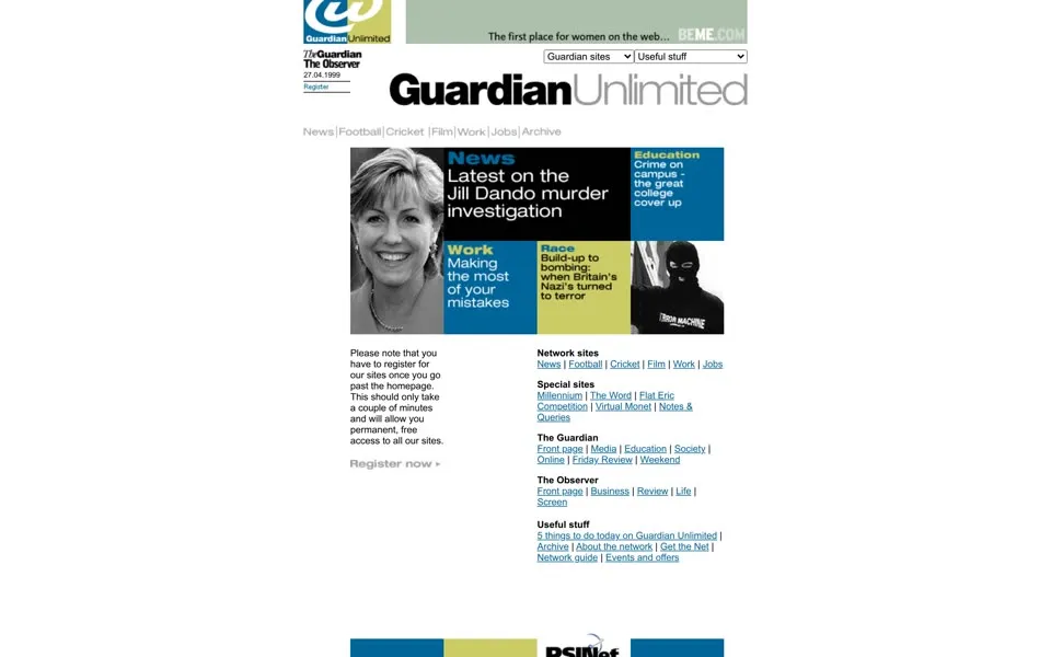 theguardian.com homepage in 1999
