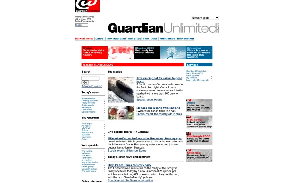 theguardian.com homepage in 2000
