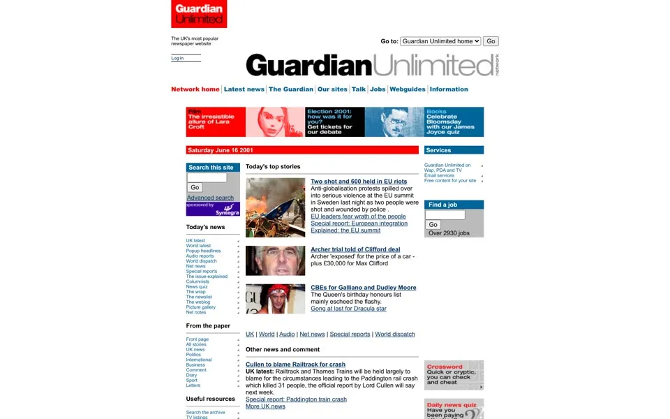 theguardian.com homepage in 2001