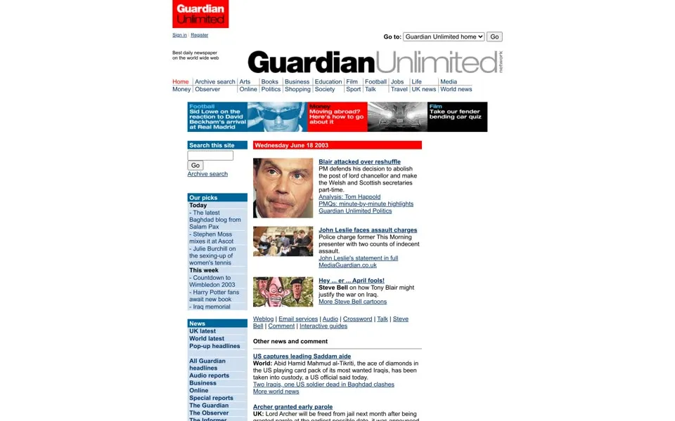 theguardian.com homepage in 2003