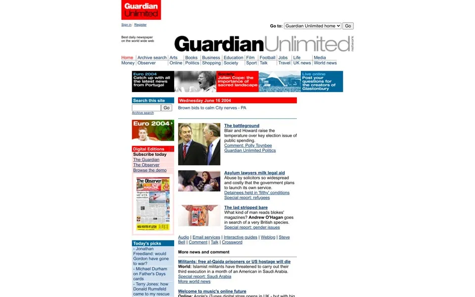 theguardian.com homepage in 2004