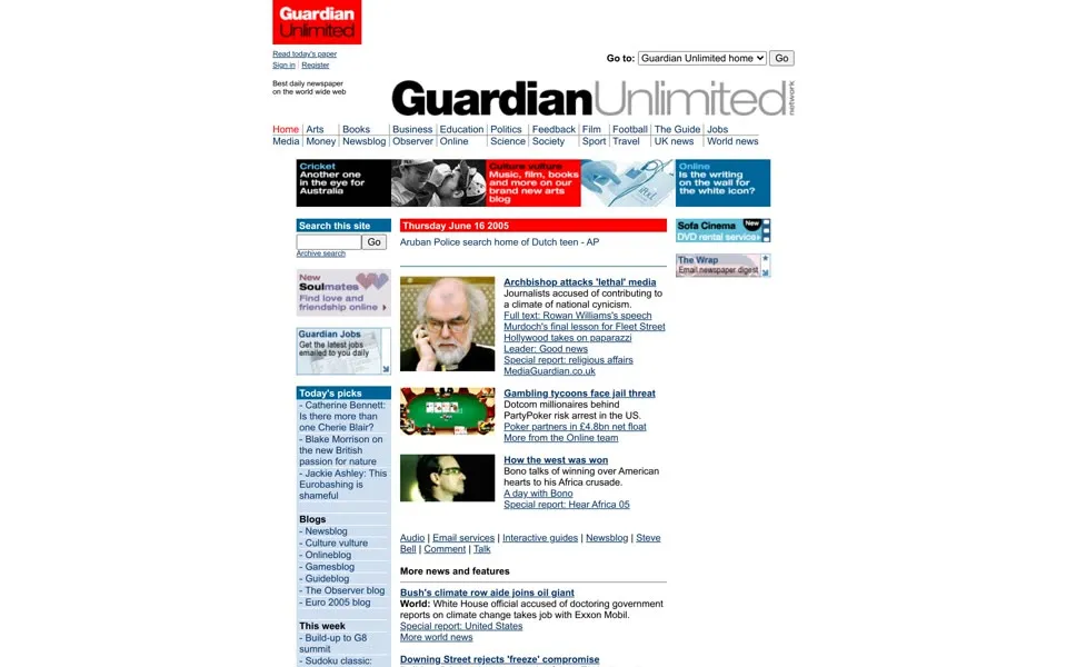 theguardian.com homepage in 2005