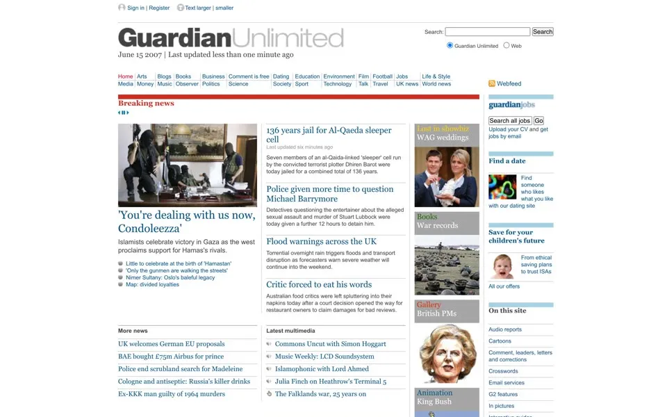 theguardian.com homepage in 2007
