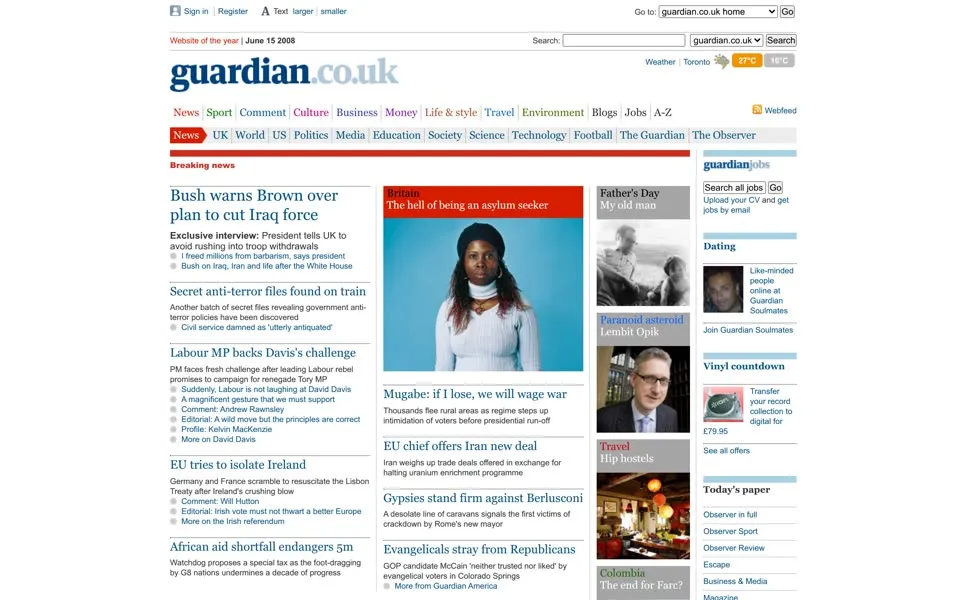theguardian.com homepage in 2008