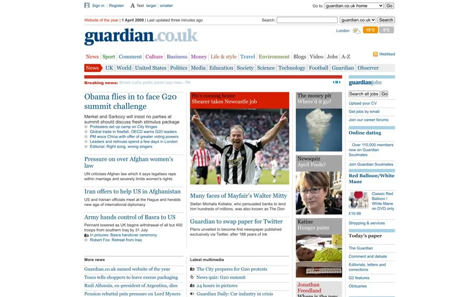 theguardian.com homepage in 2009