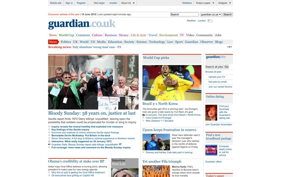 theguardian.com homepage in 2010