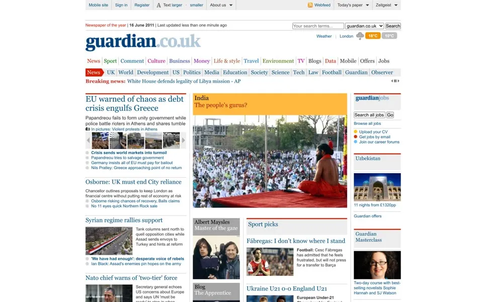 theguardian.com homepage in 2011