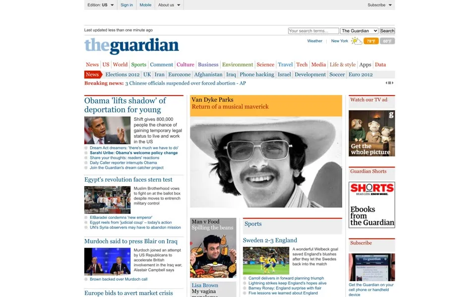 theguardian.com homepage in 2012