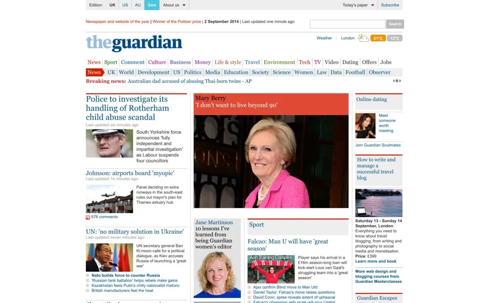 theguardian.com homepage in 2014