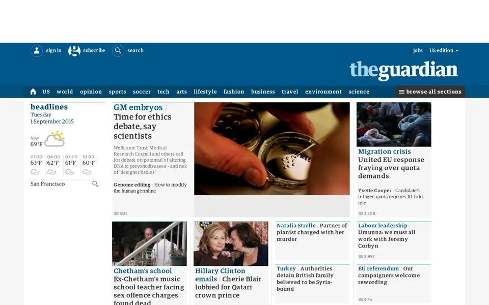 theguardian.com homepage in 2015