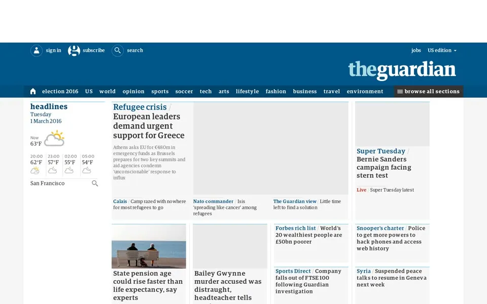 theguardian.com homepage in 2016