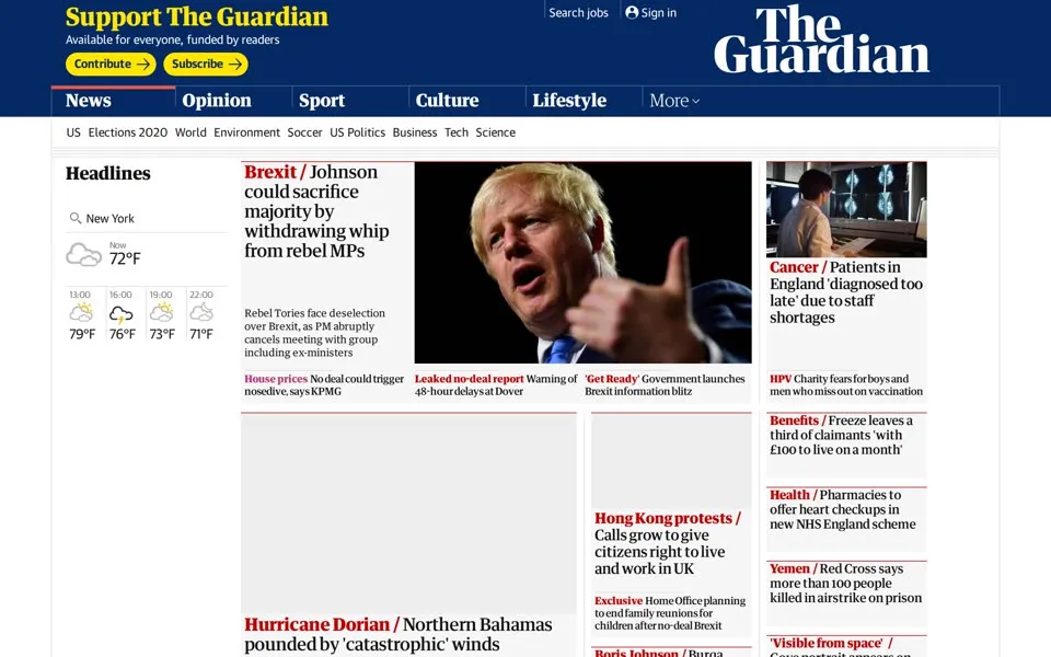 theguardian.com homepage in 2019