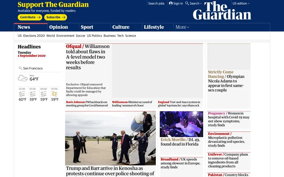 theguardian.com homepage in 2020