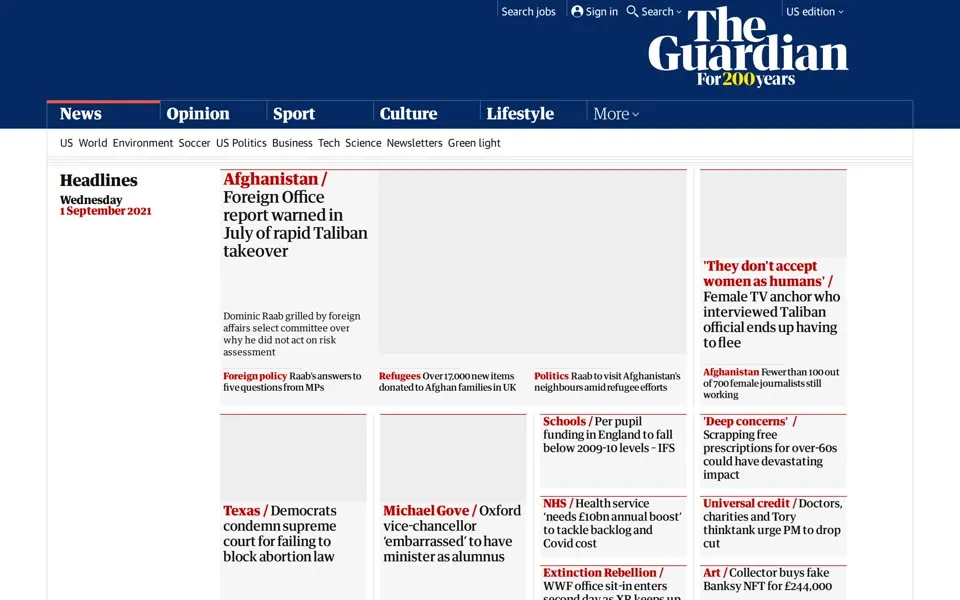theguardian.com homepage in 2021