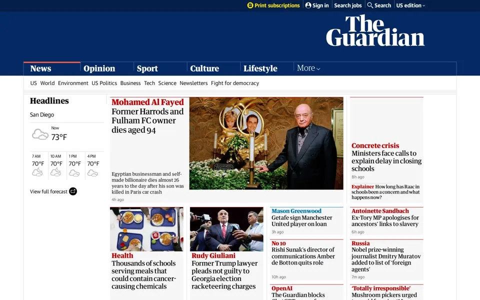 theguardian.com homepage in 2023
