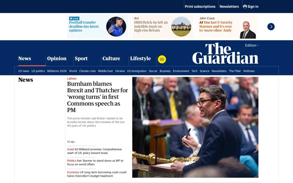 theguardian.com homepage in 2026