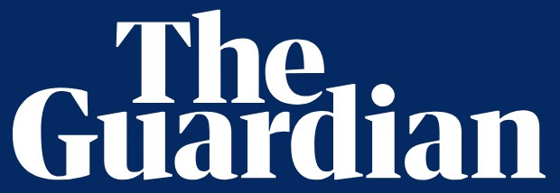 The Guardian logo on the 2019 theguardian.com homepage: The stacked wordmark turns white on navy