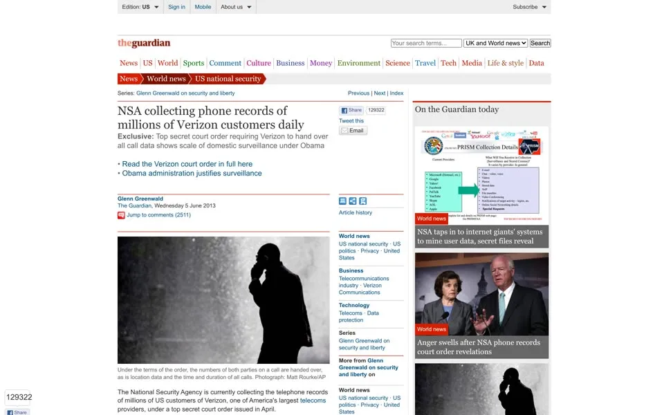 The Guardian’s Verizon/NSA article page, June 7, 2013: Verizon/NSA article on guardian.co.uk: red section tabs and “Jump to comments (2511)”.