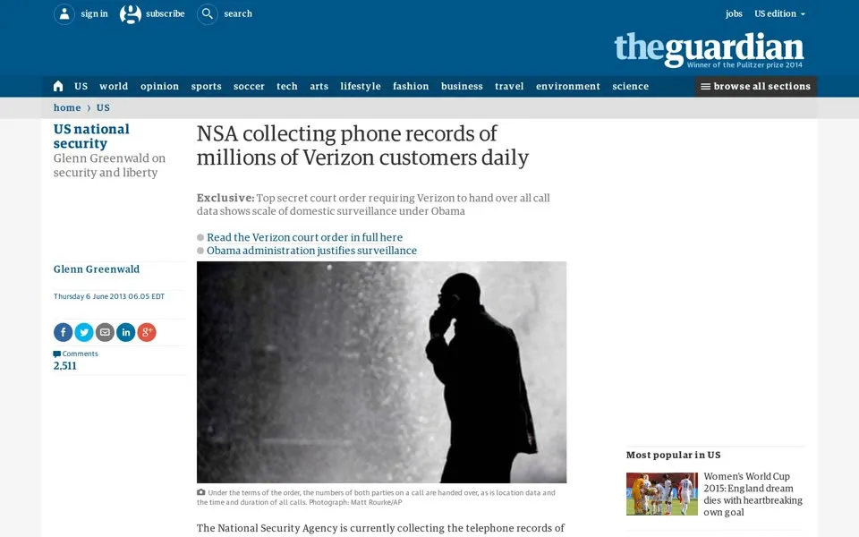 The Guardian’s Verizon/NSA article page, July 2, 2015: Verizon/NSA article in the blue design, with “Winner of the Pulitzer prize 2014” under the masthead and 2,511 comments.