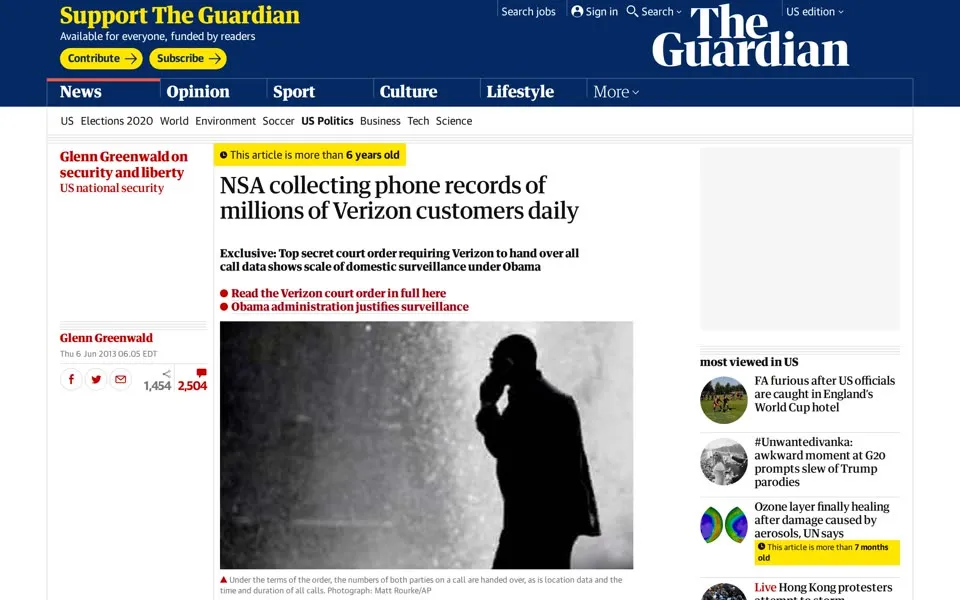 The Guardian’s Verizon/NSA article page, July 1, 2019: Verizon/NSA article under the two-line masthead, with a yellow label: “This article is more than 6 years old”; the box at top right is blank grey.