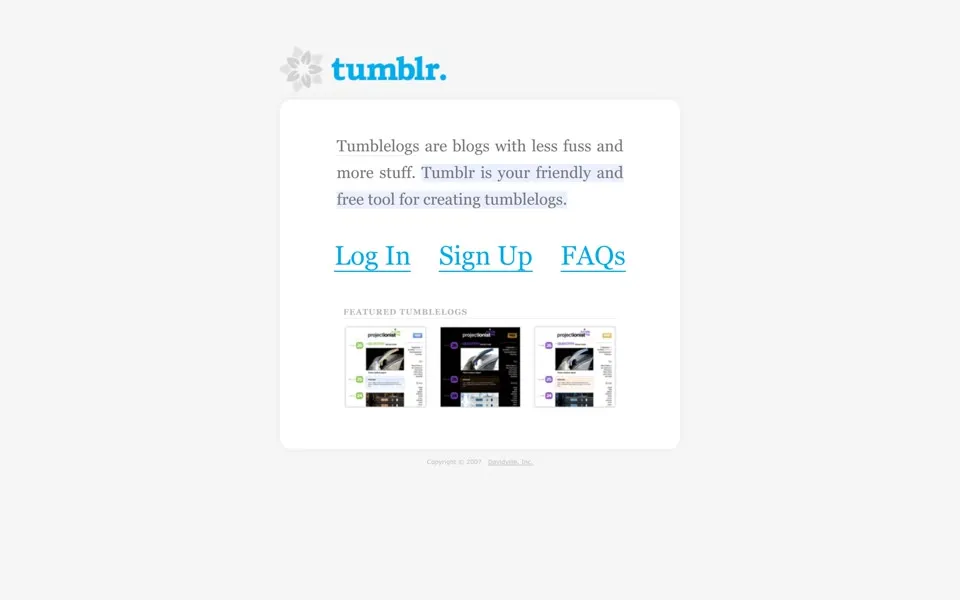 tumblr.com homepage in 2007