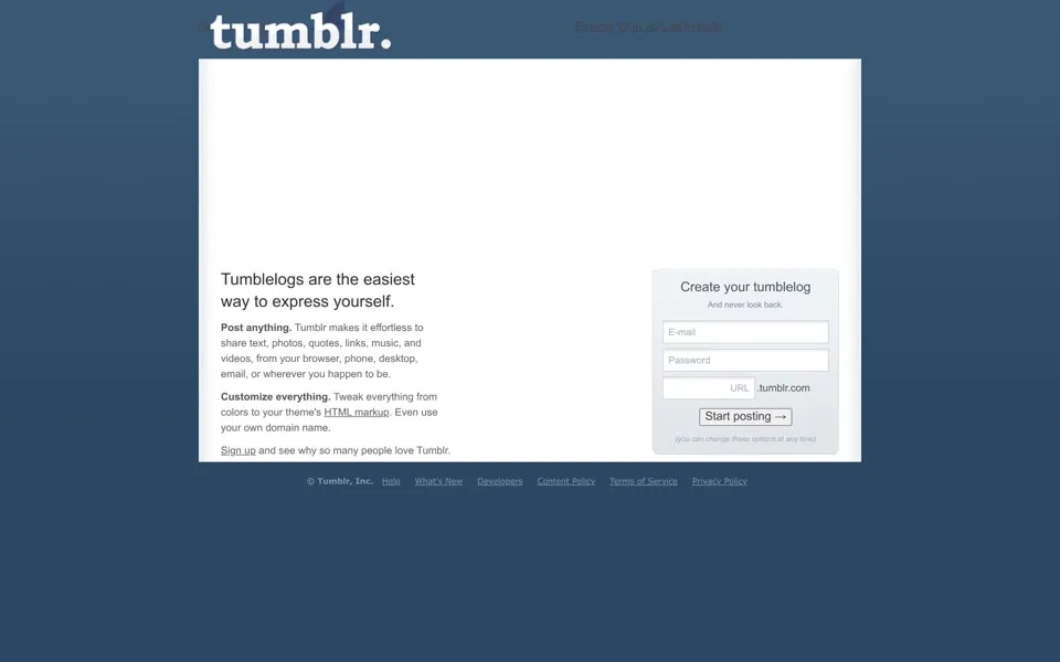 tumblr.com homepage in 2008