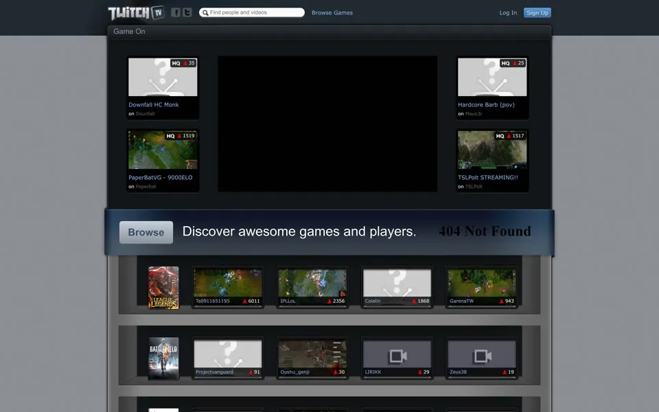 twitch.tv homepage in 2012
