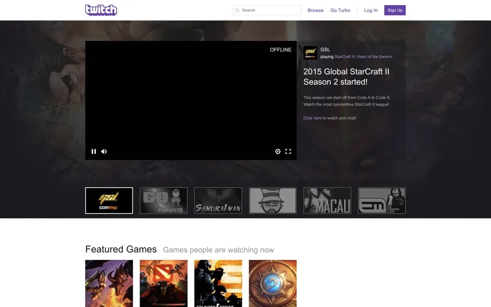 twitch.tv homepage in 2016