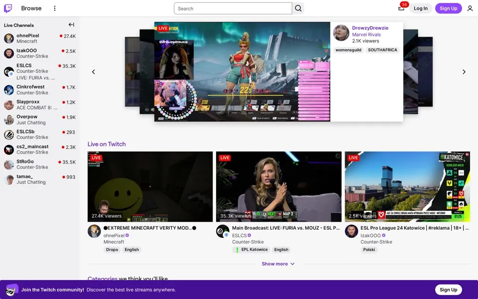 twitch.tv homepage in 2026