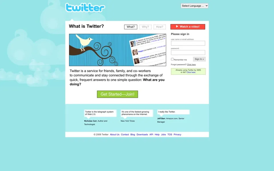 twitter.com homepage in 2008