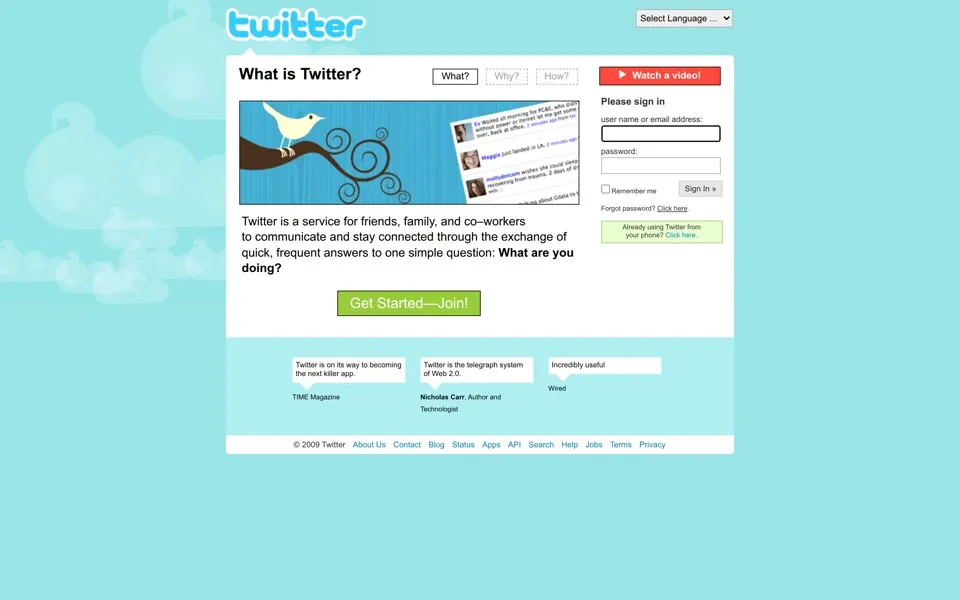 twitter.com homepage in 2009