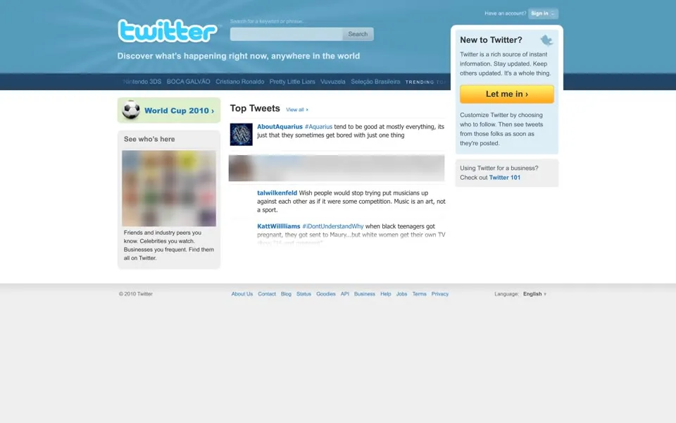 twitter.com homepage in 2010