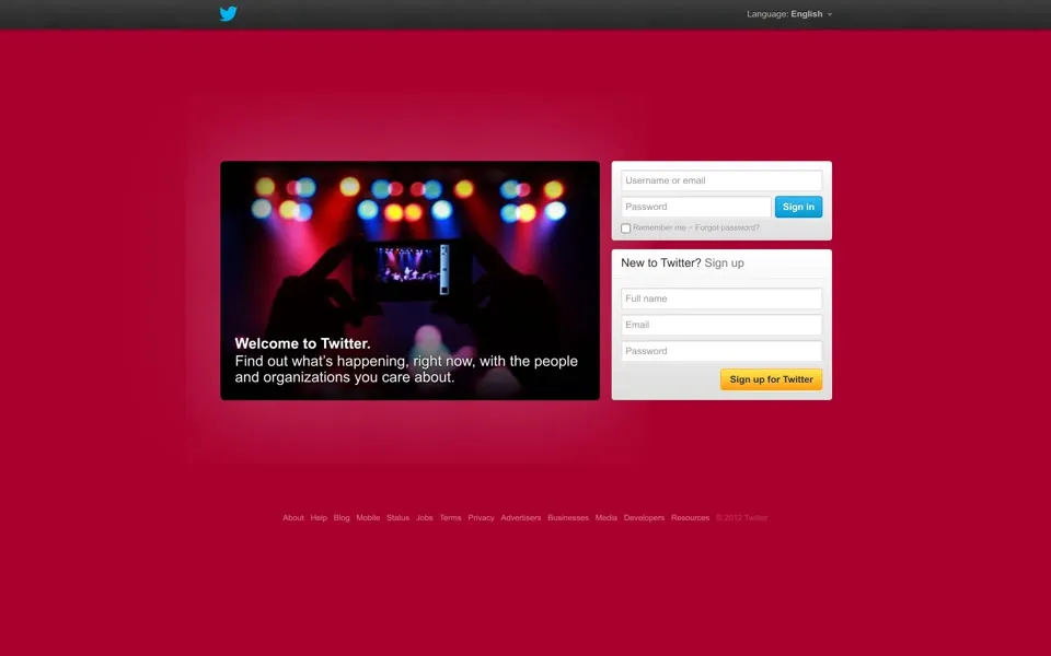 twitter.com homepage in 2012