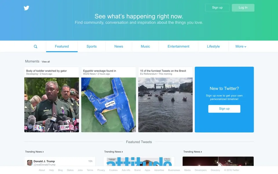 twitter.com homepage in 2016