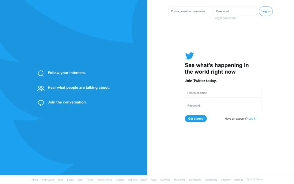 twitter.com homepage in 2018