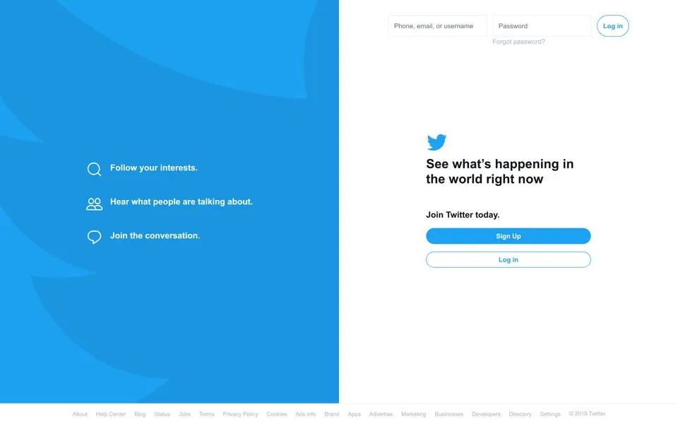 twitter.com homepage in 2019
