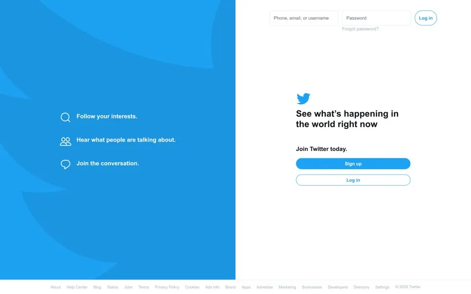twitter.com homepage in 2020