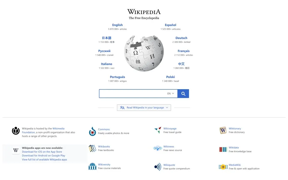 wikipedia.org homepage in 2019