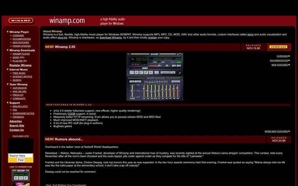 winamp.com homepage in 1998