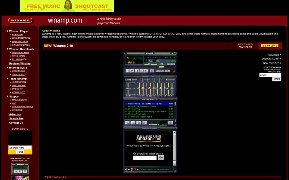winamp.com homepage in 1999