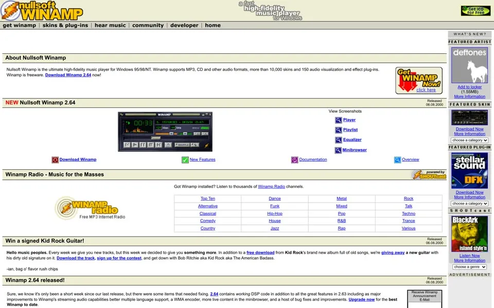 winamp.com homepage in 2000