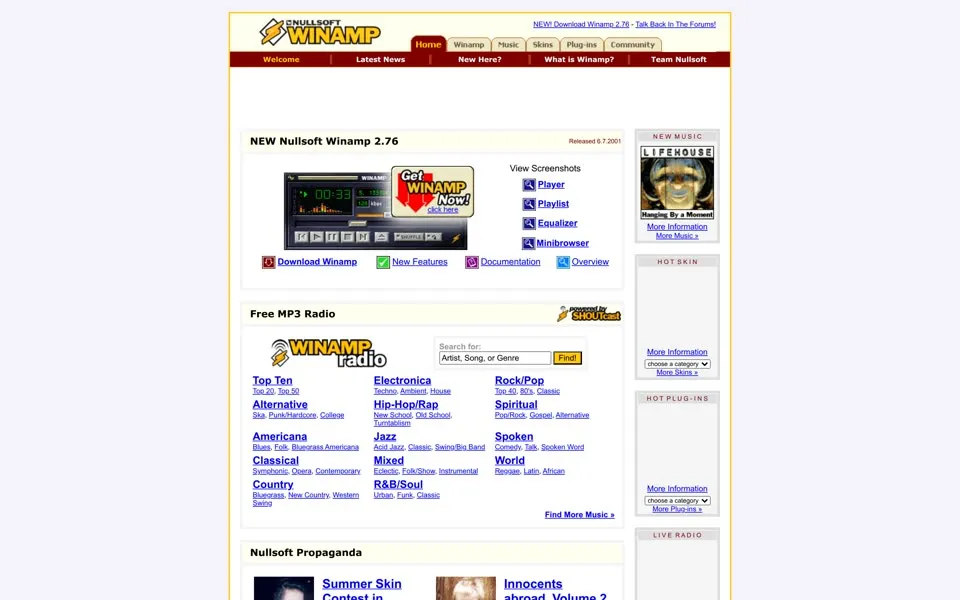 winamp.com homepage in 2001