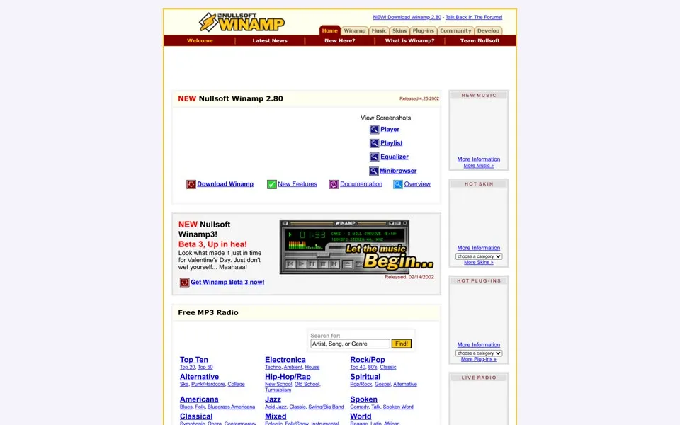winamp.com homepage in 2002