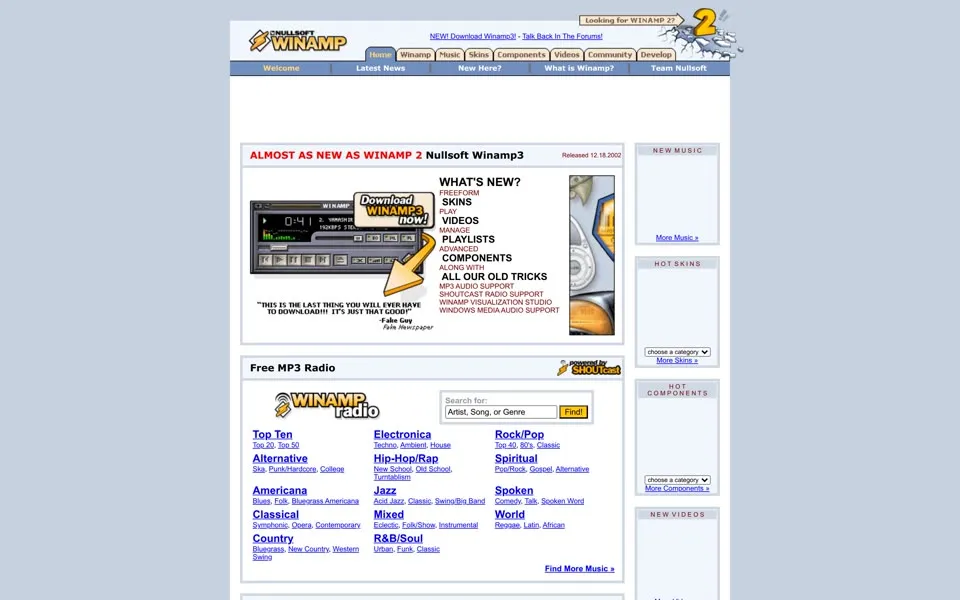 winamp.com homepage in 2003