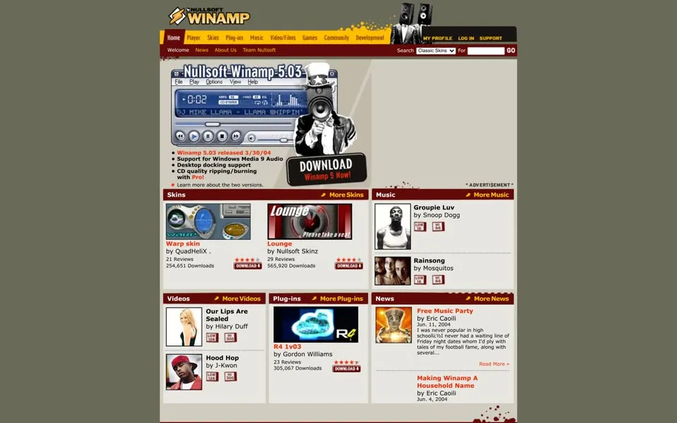 winamp.com homepage in 2004
