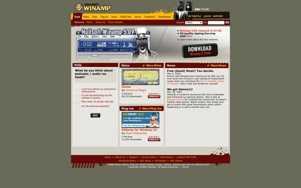 winamp.com homepage in 2005