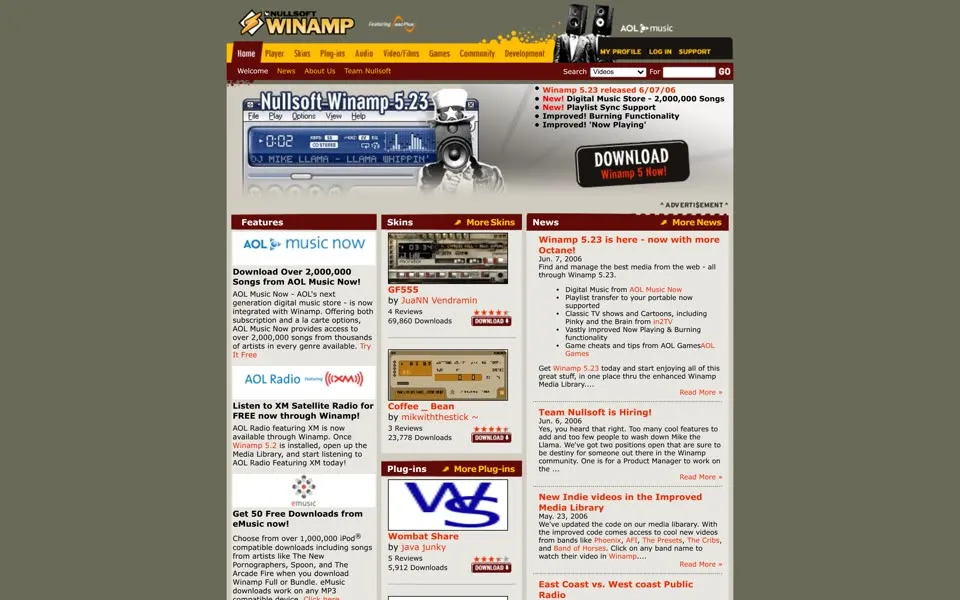 winamp.com homepage in 2006